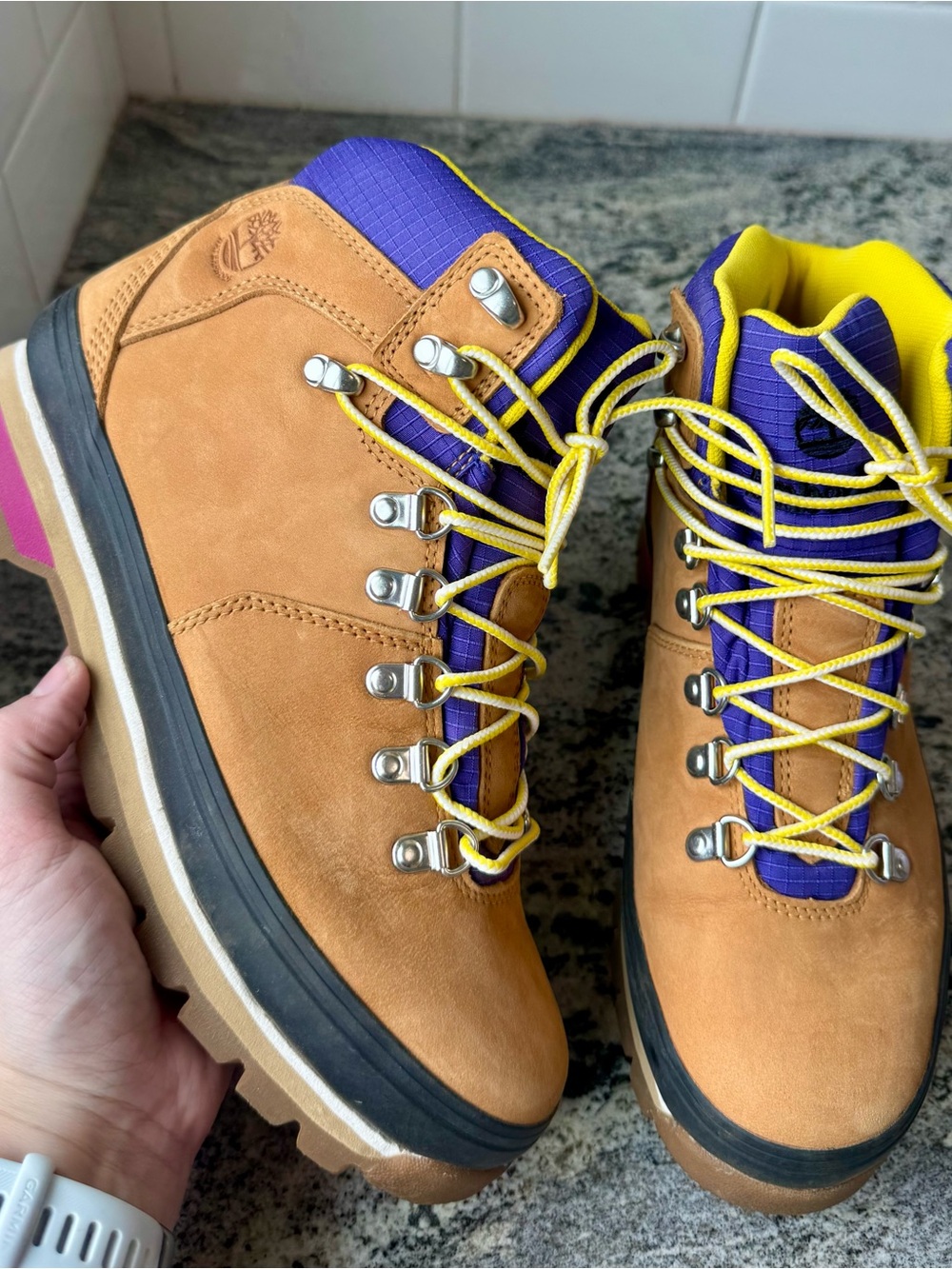 Timberland Euro Hiker Waterproof Boots in Wheat Nubuck / Purple. Size 8. EUC